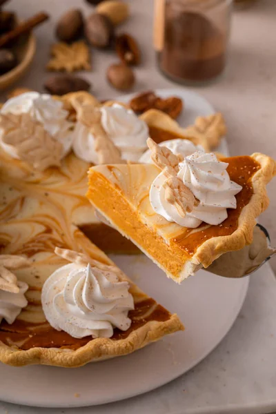 Pumpkin Cheesecake Swirl Pie Topped Whipped Cream Slice Taken Out — Stock Fotó
