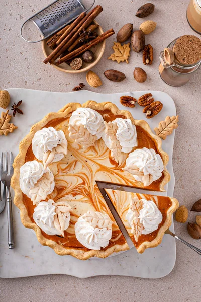 Pumpkin Cheesecake Swirl Pie Topped Whipped Cream Slice Taken Out — Stock Fotó