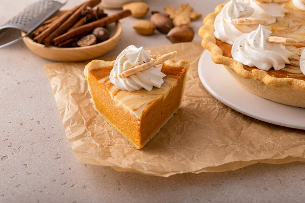 Slice Pumpkin Cheesecake Swirl Pie Topped Whipped Cream Original Thanksgiving — Photo