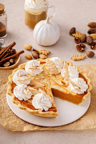 Pumpkin Cheesecake Swirl Pie Topped Whipped Cream Slice Taken Out — Fotografie, imagine de stoc
