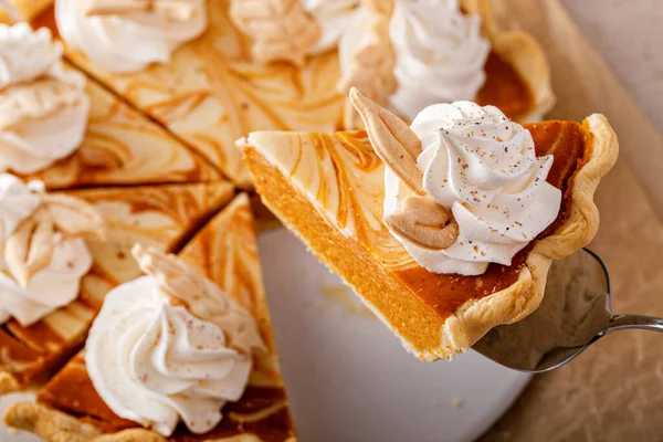 Pumpkin Cheesecake Swirl Pie Topped Whipped Cream Slice Taken Out — Φωτογραφία Αρχείου