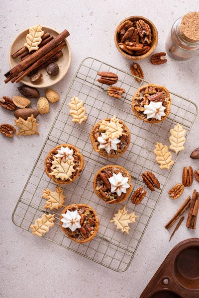 Mini Pecan Pies Baked Muffin Tin Traditional Fall Thanksgiving Dessert — Stock Fotó