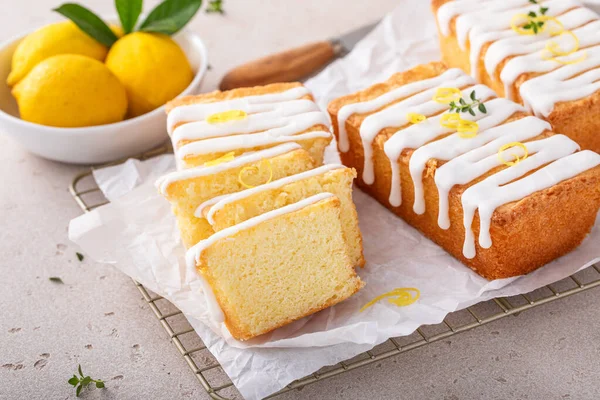 Classic Lemon Pound Cake Powdered Sugar Glaze Sliced Parchment Paper — Stock Photo, Image