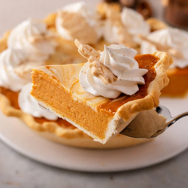 Pumpkin Cheesecake Swirl Pie Topped Whipped Cream Slice Taken Out — Stock Fotó
