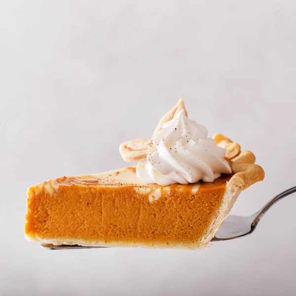 Slice Pumpkin Cheesecake Swirl Pie Topped Whipped Cream Being Held — Fotografia de Stock