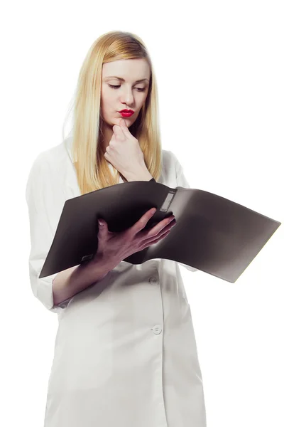 stock image Sexy woman in medical white uniform with red lips