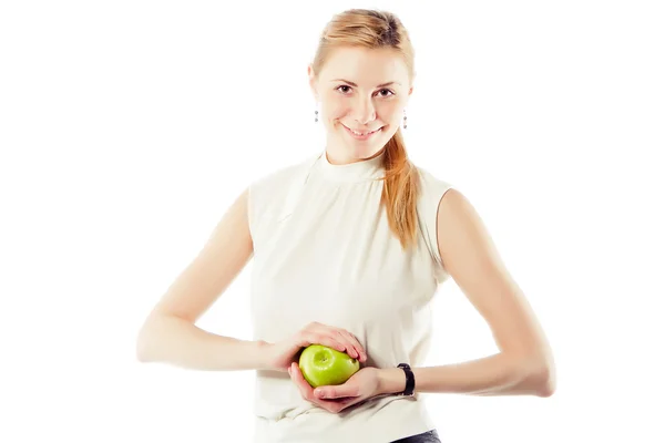 Smiling business woman with green apple — Stock Photo, Image