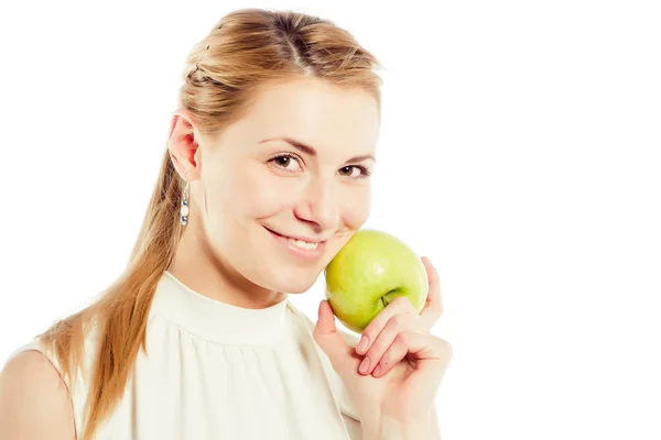 Smiling business woman with green apple — Stock Photo, Image