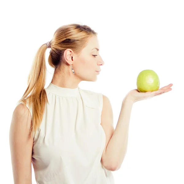 Smiling business woman with green apple — Stock Photo, Image