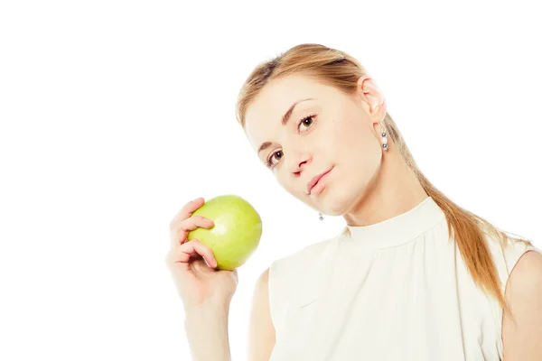 Smiling business woman with green apple — Stock Photo, Image