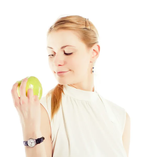 Smiling business woman with green apple — Stock Photo, Image