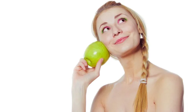 Smiling business woman with green apple — Stock Photo, Image