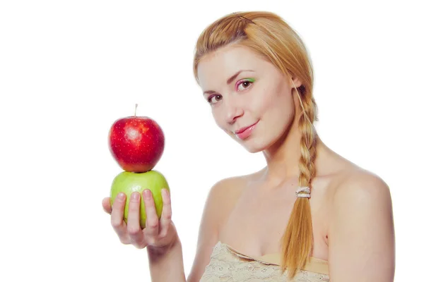 Beautiful woman with green and red apples — Stock Photo, Image