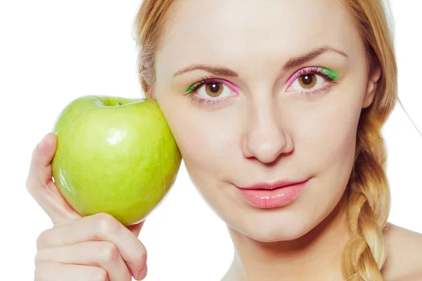 Smiling business woman with green apple — Stock Photo, Image