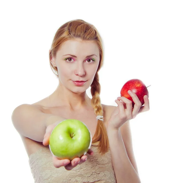 Beautiful woman with green and red apples — Stock Photo, Image