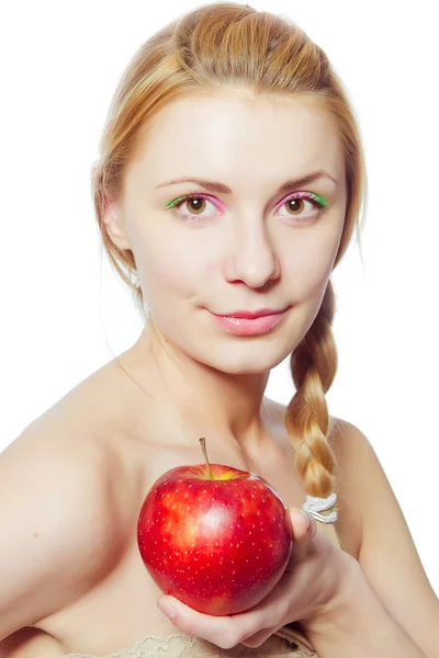 Kırmızı elmalı kadın. — Stok fotoğraf