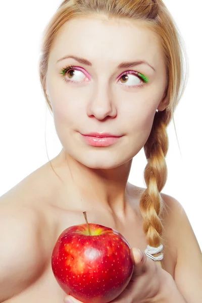 Femme avec pomme rouge — Photo