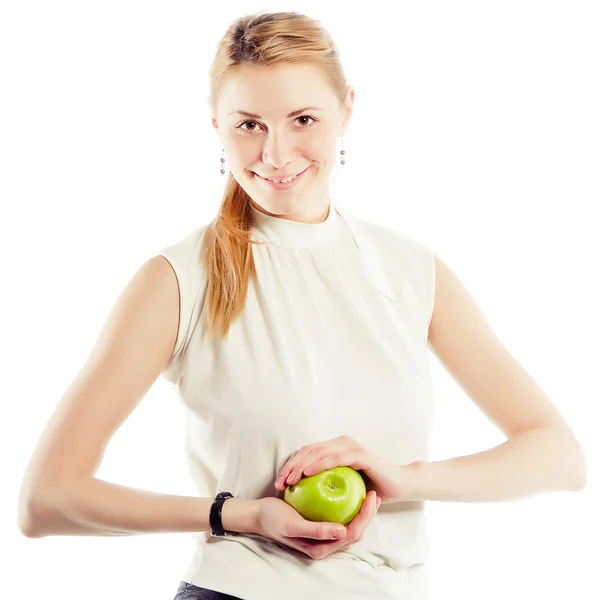 Smiling business woman with green apple Royalty Free Stock Photos