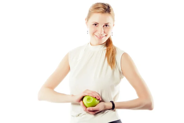 Smiling business woman with green apple Stock Photo
