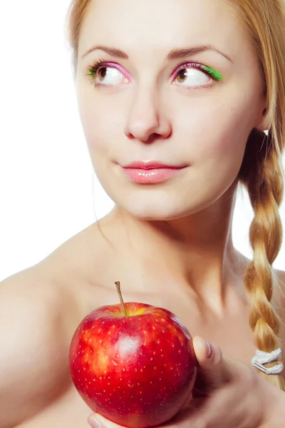 Frau mit rotem Apfel Stockfoto