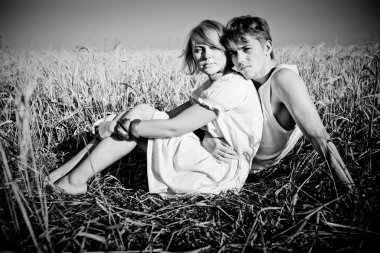 genç erkek ve kadın üzerinde buğday alanı görüntü