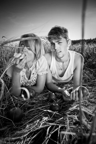 Beeld van jonge man en vrouw op tarweveld — Stockfoto