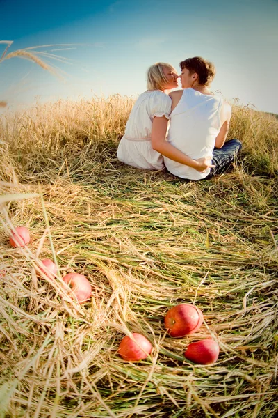 Imagem do jovem e da mulher no campo de trigo — Fotografia de Stock