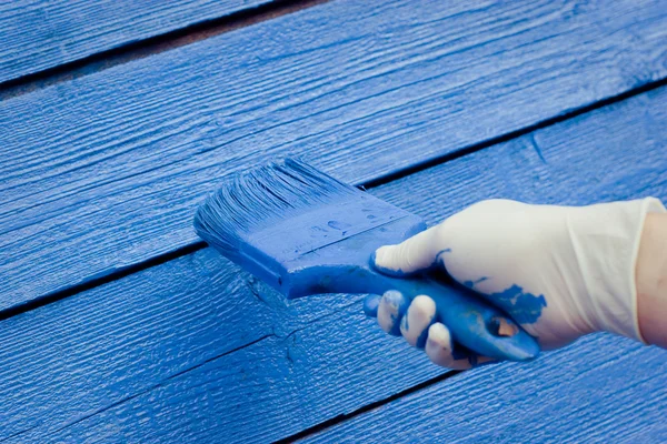 Pintura a mano pared de madera azul — Foto de Stock