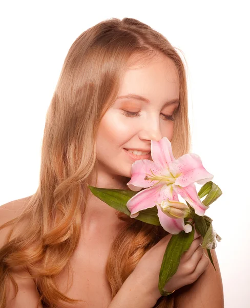 Gyönyörű lány, egy virág, liliom — Stock Fotó