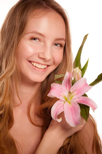 Menina bonita com um lírio flor — Fotografia de Stock