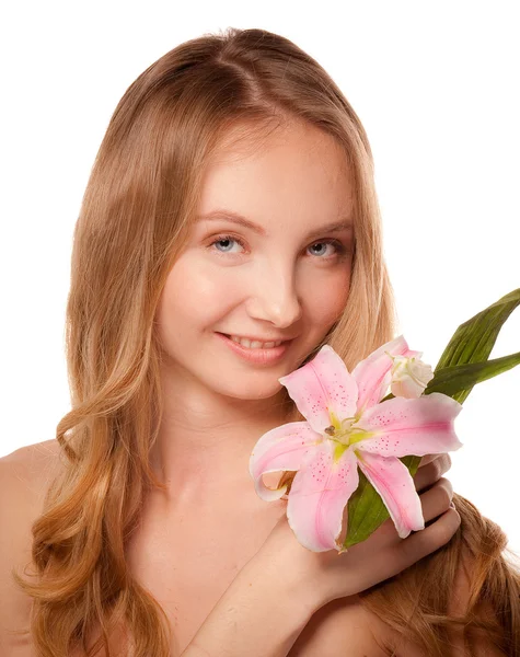 Menina bonita com um lírio flor — Fotografia de Stock