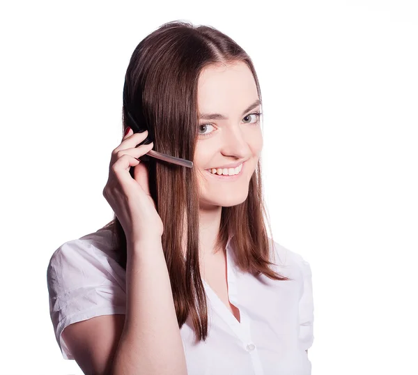 Portrait of smiling girl call operator — Stock Photo, Image