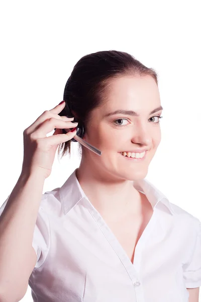 Portrait of smiling girl call operator — Stock Photo, Image