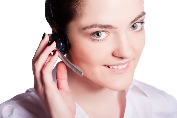 Portrét usmívající se dívka volání operátor — Stock fotografie