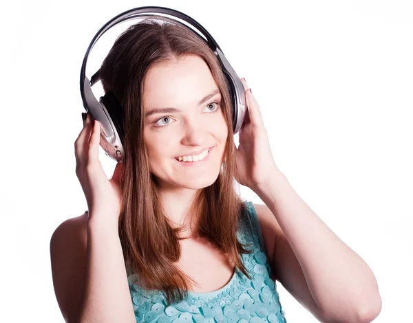 Girl With Headphones Singing On White Background — Stock Photo, Image