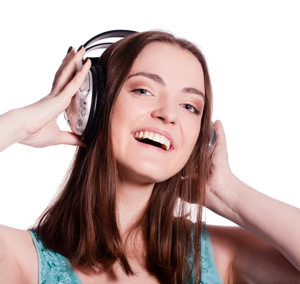 Girl With Headphones Singing On White Background — Stock Photo, Image