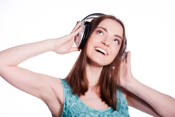 Girl With Headphones Singing On White Background — Stock Photo, Image