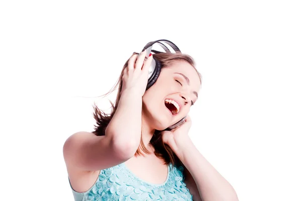 Girl With Headphones Singing On White Background — Stock Photo, Image