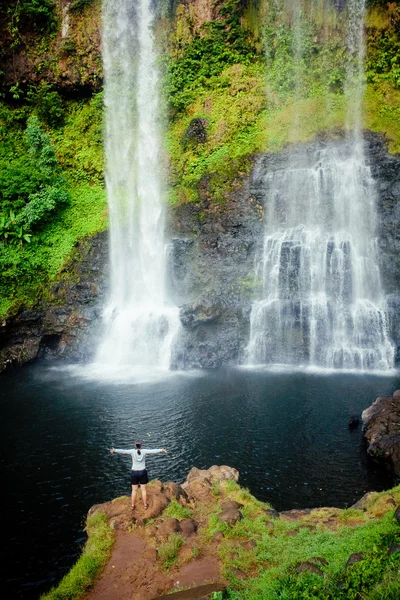 Winner near waterfall. Active life concept — Stock Photo, Image
