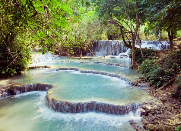 Catarata Kuangsi en bosque profundo en Laos —  Fotos de Stock