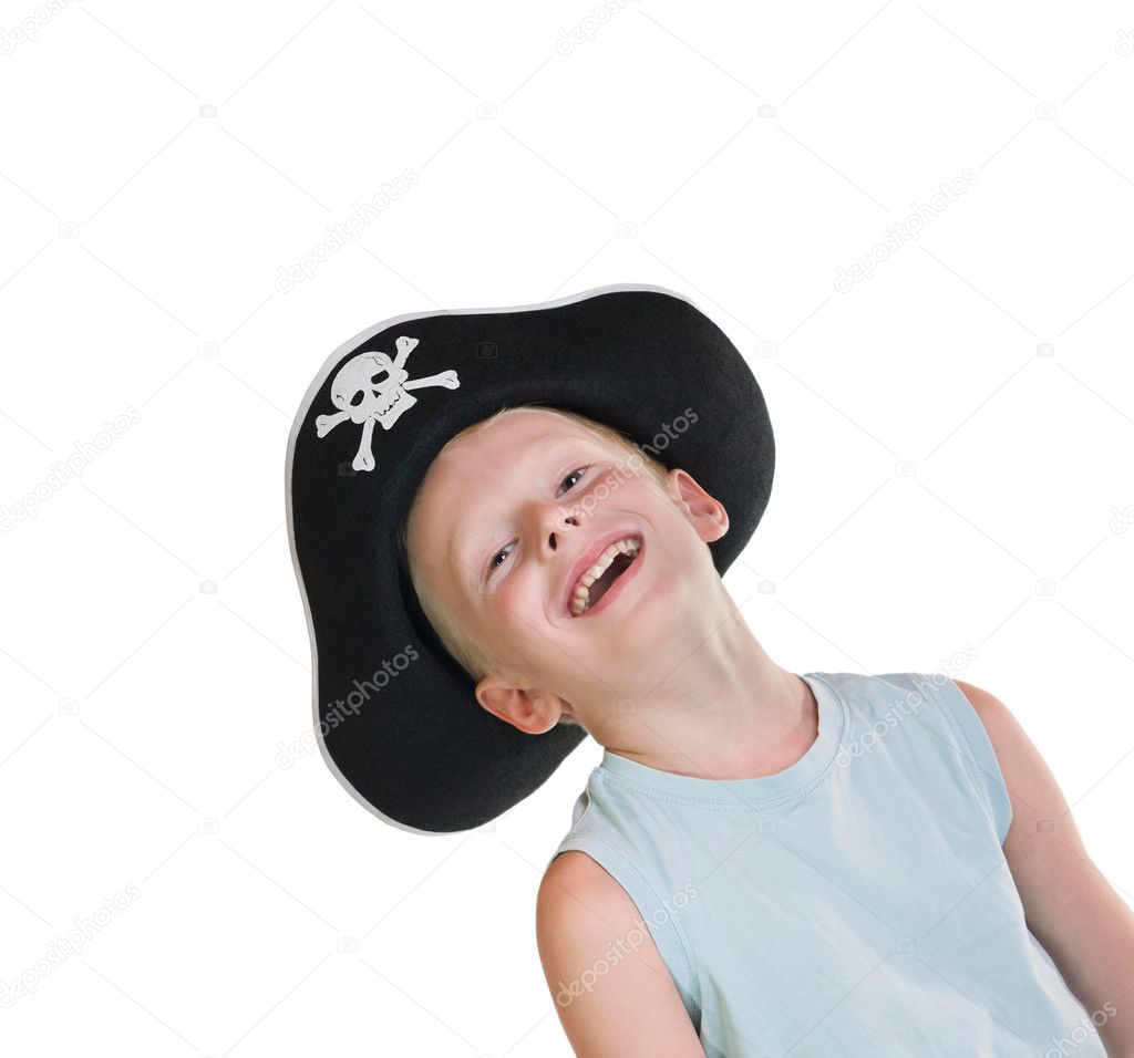 young smiling boy wearing pirate hat