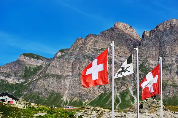 Swiss flaggor på san bernardino pass — Stockfoto