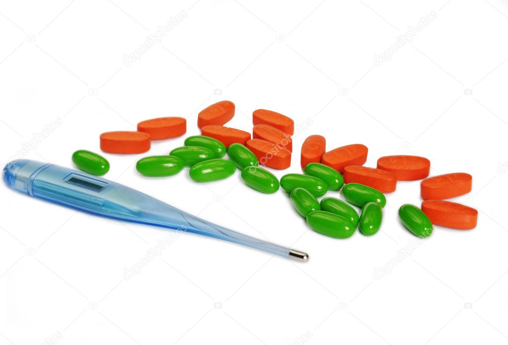 thermometer and colorfull pills
