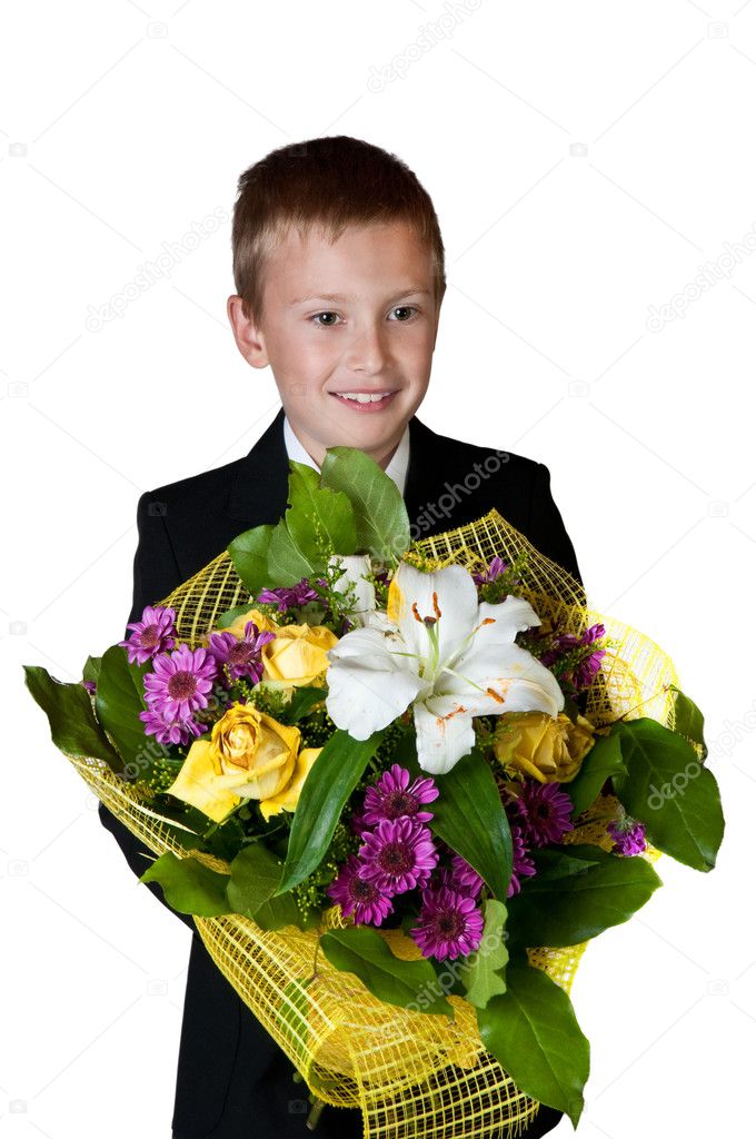 young boy with flowers