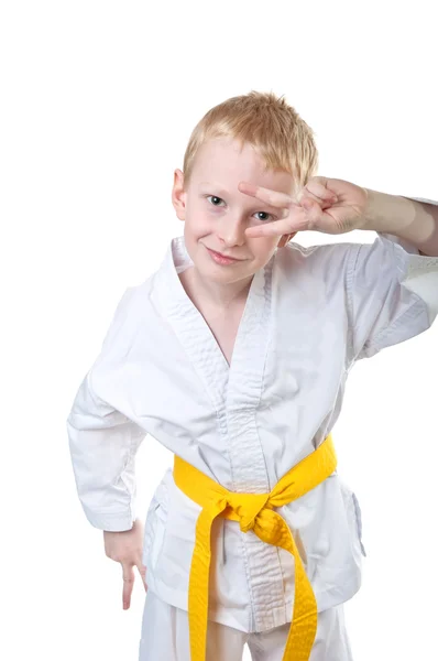 Sonriente chico usando tae kwon do uniforme — Foto de Stock