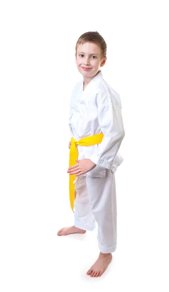 Menino vestindo tae kwon do uniforme — Fotografia de Stock