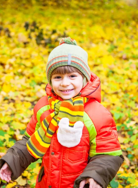 Счастливый ребенок играет в осеннем парке — стоковое фото
