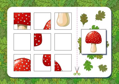 Mantarlı A4 sayfa yapboz oyunu. Kes ve oyna. Vektör illüstrasyonu