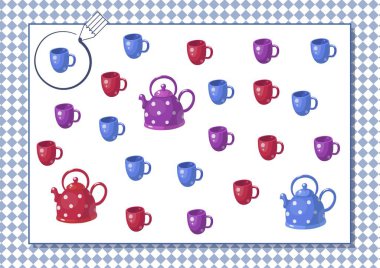 Daire mavi renk. Çocukların görsel ayrımcılık becerilerini güçlendirmesine yardımcı olmak için anaokulu çalışma tablosu. Güzel karikatür fincanları ve çaydanlıklar.