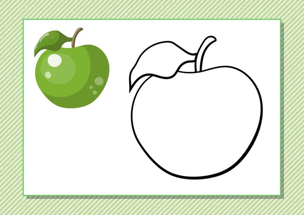 Друкований аркуш. Розмальовка. Миле мультяшне яблуко. Векторні ілюстрації. Горизонтальна сторінка A4 Колір зелений . — стоковий вектор